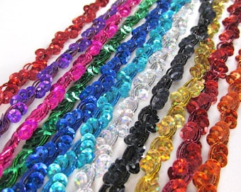 Rust Orange, Fuchsia Hot Pink, Turquoise, Purple, Royal Blue or Silver Wavy Narrow 3/8 Inch Sequined Trim by the Yard