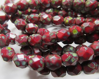 Dark Red Czech Glass 6mm Fire Polished Jewelry Beads with Gray Green Picasso Finish (25)