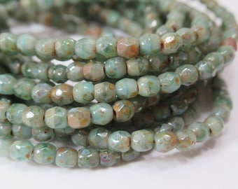 Soft Sage Green with Picasso Finish 3mm Czech glass fire polished jewelry beads (strand of 50)