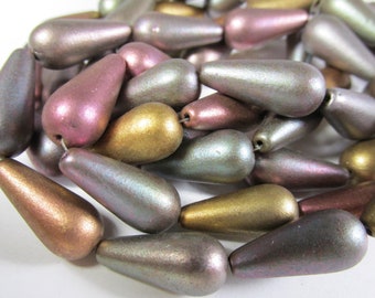 10 Metallic Mix Czech Glass 20mm x 9mm Smooth Teardrop Jewelry Beads in antique gold, rust copper, dark red and olive green