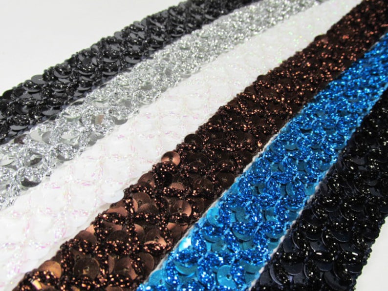 Gunmetal Slate Gray, Silver, White AB, Chocolate Brown or Blue Turquoise Crisscross 20mm Sequined Trim by the yard image 1