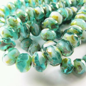 Czech Glass 8mm x 6mm Faceted Rondelle Green Turquoise, White with Golden Yellow Picasso Finish Jewelry Beads 10 image 1