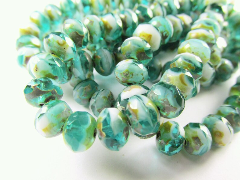 Czech Glass 8mm x 6mm Faceted Rondelle Green Turquoise, White with Golden Yellow Picasso Finish Jewelry Beads 10 image 1