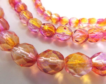 Fuchsia Cantaloupe Pink, Orange, Yellow Czech glass fire polished 4mm, 6mm or 8mm faceted jewelry beads