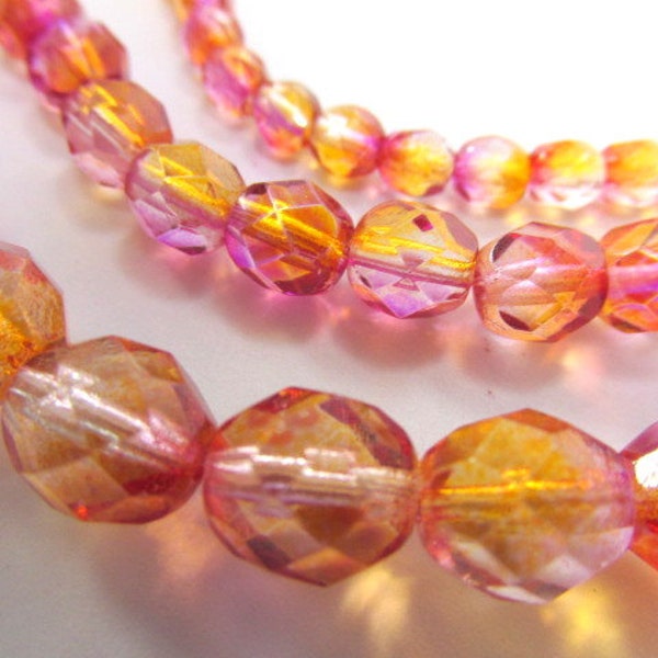 Fuchsia Cantaloupe Pink, Orange, Yellow Czech glass fire polished 4mm or 6mm faceted jewelry beads