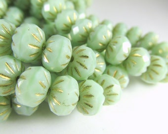 12 Aqua Mint Green and Gold Czech Glass 9mm x 6mm Rondelle Carved Crullers rondelle jewelry beads