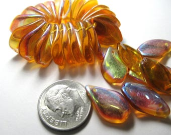 Golden Topaz AB Czech Glass 17mm x 11mm Smooth Top-Drilled Twisted Teardrop Jewelry Beads - Choose Lots of 15 or 20