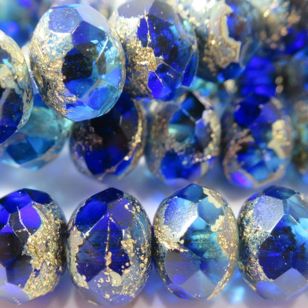 Czech Glass 8mm x 6mm Faceted Rondelles in Bright Sapphire Blue and Sky Blue with Picasso and Etched in Gold