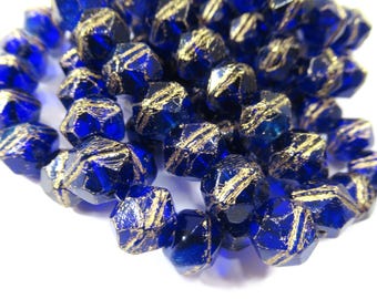 15 Dark Sapphire Blue, almost navy blue, 10mm Czech Glass English Cut Faceted Jewelry Beads with Metallic Gold Wash - 15 beads