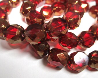 Ruby Red 8mm Czech Glass Table Cut Faceted Sliced Jewelry Beads with a light copper metallic finish - strand of 15 beads