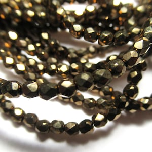 NEW 3mm Metallic Bronze Czech Glass Faceted Fire Polished Jewelry Beads - Strand of 50 beads