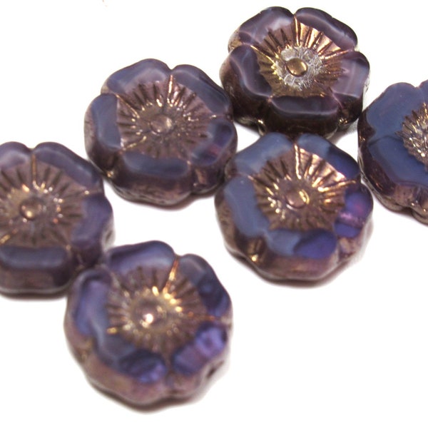 12mm Czech Glass Hibiscus Flower Jewelry Beads in Purple Lavender Thistle with Bronze Finish