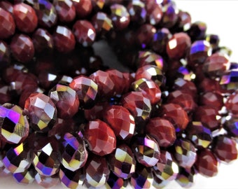 Dark Marsala Red Violet AB Crystal Glass Rondelles 8mm x 6mm Jewelry beads - 11 inch strand of approximately 50 beads