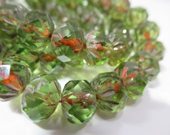 Green Picasso Czech Glass 6x9mm faceted carved Cruller rondelle jewelry beads - Choose 10 beads or a strand of 25