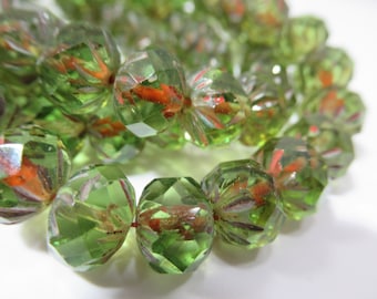 10 Green and Brown Picasso Czech Glass 6x9mm faceted carved Cruller rondelle jewelry beads - Choose your quantity