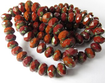 12 Burnt Orange Dark Red Beige Picasso Czech Glass 8mm x 6mm Faceted Rondelle Jewelry Beads