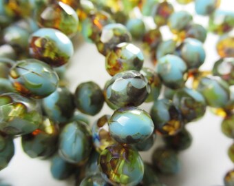 7x5 Faceted Rondelles in Sky Blue and Honey Amber with Brown Picasso Czech Glass Jewelry Beads - Strand of 25 beads