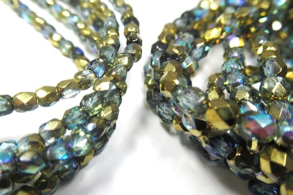 Black and White Luster 4MM Seed Bead Necklace With Gold Blue
