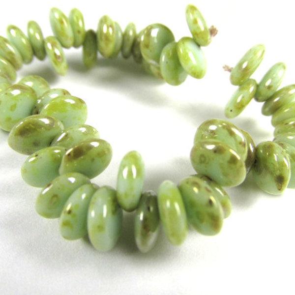 Mint Green Gold Picasso 6mm Czech Glass Top-Drilled Lentil Jewelry Beads - strand of 50 beads