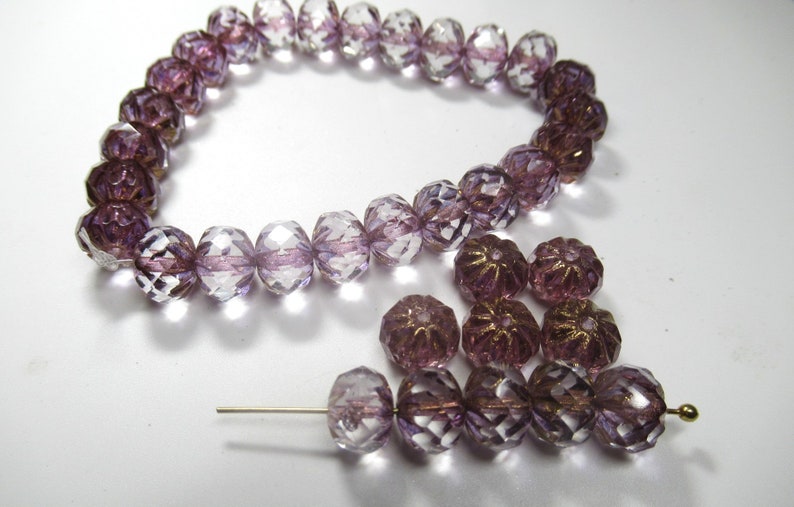 RESTOCKED Czech Glass 10mm x 7mm Faceted Crullers in Transparent Glass with Purple and Golden Bronze Shimmer Finishes 10 jewelry beads image 4