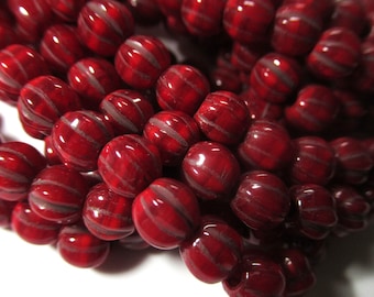 Ruby Red Fluted Round 6mm Melons Czech Glass Jewelry Beads with Bronze Wash and Large Holes - Full Strand of 25 Beads