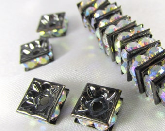 10 8mm Square Clear Crystal or Crystal AB Black Gunmetal Squardelle Metal Spacer Jewelry Beads or Findings