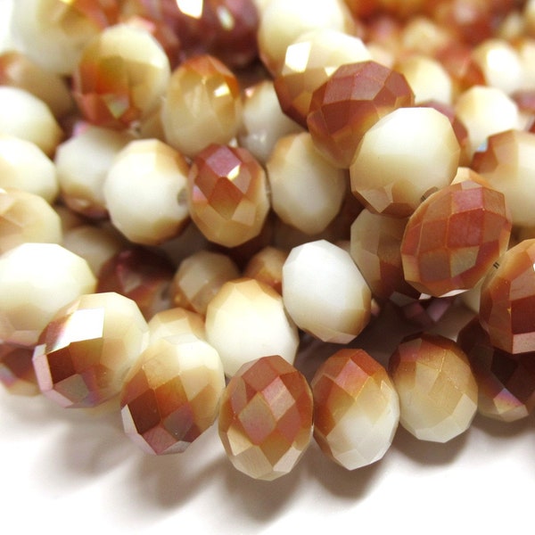 Creamy Beige and Half Coat Caramel Brown 8mm x 6mm Chinese Crystal Faceted Rondelle Jewelry Beads (35 beads)