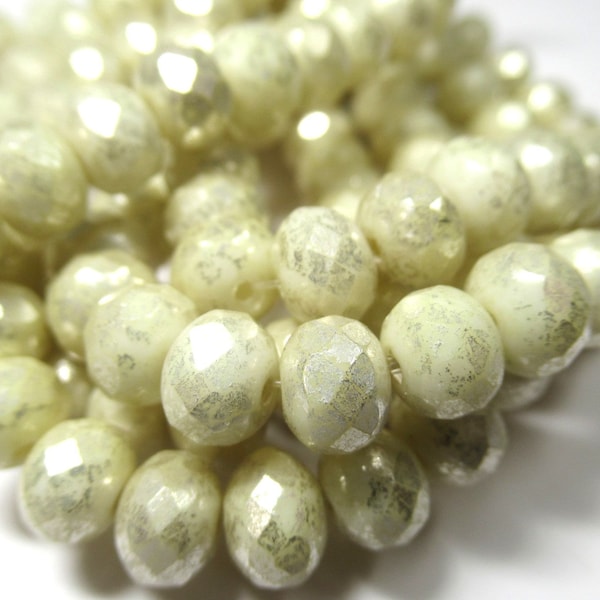 Ivory Mercury Finish Czech Glass 7mm x 5mm Faceted Rondelle Jewelry Beads - strand of 25 beads