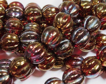 10 Siam Ruby Bronze Vega Brown Marsala Dark Red 8mm Czech glass fire polished fluted melon jewelry beads