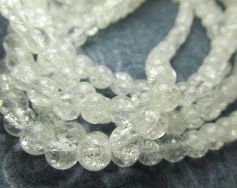 Clear Crackle Glass 6mm Round Jewelry Beads on full 15.5 inch strand of approximately 85 beads - SALE 25% Off