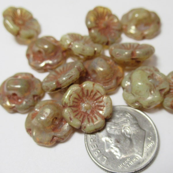 15 Champagne Taupe Tan 12mm Button Flower Czech glass jewelry beads