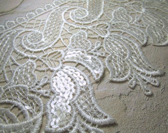 1 yard of Gorgeous 5 Inch Wide White Lily Floral Venise Lace with Clear Lustrous Sequins