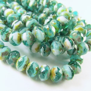 Czech Glass 8mm x 6mm Faceted Rondelle Green Turquoise, White with Golden Yellow Picasso Finish Jewelry Beads 10 image 3