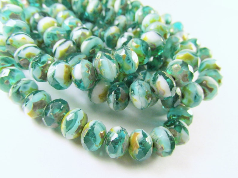 Czech Glass 8mm x 6mm Faceted Rondelle Green Turquoise, White with Golden Yellow Picasso Finish Jewelry Beads 10 image 3