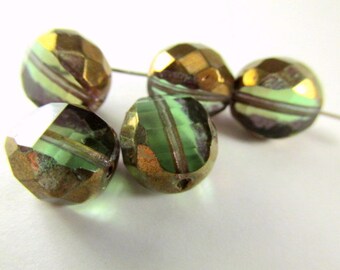 Olive Green and Copper Czech Glass 12mm Faceted Sliced Round Jewelry Beads (5)