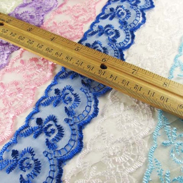 Ivory, White,  Lavender, Pink, Blue, Aqua, Gray, Hot Pink, Black and Turquoise Flat Polyester 1.5 inch Lace Trim