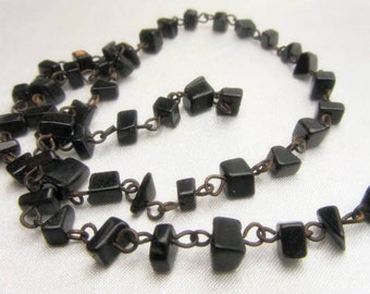 Black Agate Semiprecious Stone Nugget and Dark Antique Brass Chain 18 inches long - ON SALE