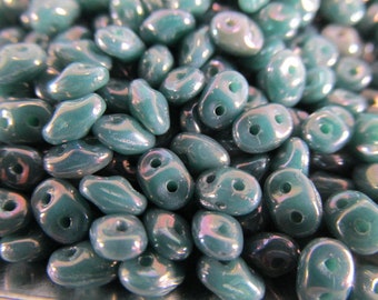 Nebula Opaque Turquoise Czech Glass SuperDuo Two-Hole Jewelry Beads (10 grams)