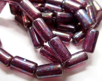 Copper Purple Mother of Pearl Czech Glass 14mm by 7mm wide Large Hole Tube Jewelry Beads - Strand of 10 beads