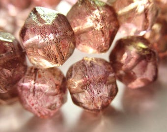 Pale Pink Mauve 10mm Czech Glass English Cut Jewelry Beads with gold luster finish - strand of 15 beads