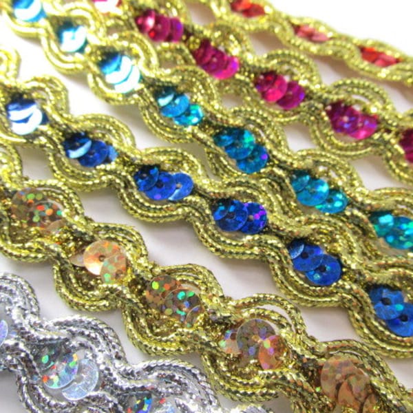 Holographic Sequined Trim with Double Scalloped Border 15mm Craft of Costume Sequin Trim in Silver, Gold, Blue, Turquoise, Fuchsia and Red