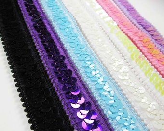 Black, Purple, Aqua Turquoise, White, White AB, Pink or Lavender 20mm Stretch Sequined Trim by the yard