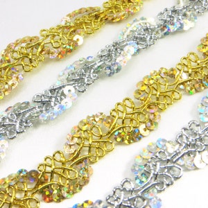 GOLD or SILVER AB Sequined Wavy Scalloped Narrow Trim -- Choose your Yardage