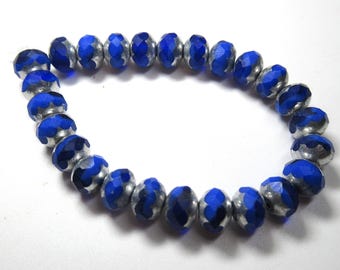 Indigo Blue 7x5mm Czech Glass Faceted Rondelles with Metallic Silver Finish on the ends - Strand of 25 jewelry beads