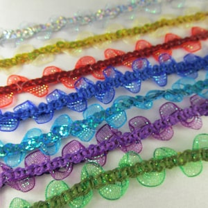 Silver, Red, Blue, Turquoise, Purple, Green or Gold Irridized Wavy Mesh Sequined Organza 17mm Narrow Sequined Trim by the yard