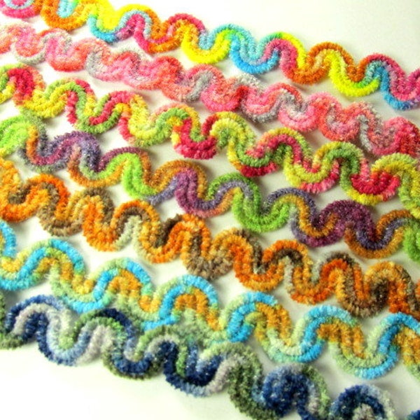 Multi-Colored Wavy Chenille Half Inch Trim By the Yard in Oceans, Rose Garden, Orchids, Autumn, Pink Gray and Blue Lakes