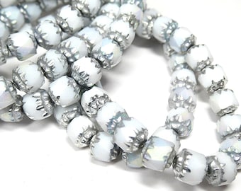 6mm White with Silver Crowns and light AB finish Czech Glass Cathedral Beads - Sold by the strand of 20 beads