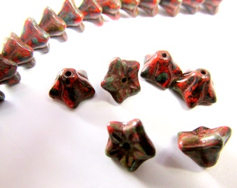 25 Czech Glass Marsala Dark Red Picasso Small 6mm x 9mm Flower beads or beadcaps jewelry beads