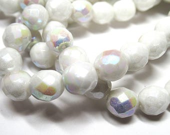 8mm White Fire Polished jewelry beads with light Rainbow AB finish - sold by the strand of 20 beads