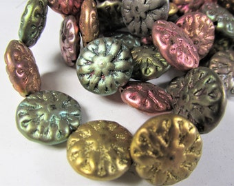 10 Metallic Mix Czech Glass 14mm  Dahlia Flower Jewelry Beads in antique gold, rust copper, red and olive green